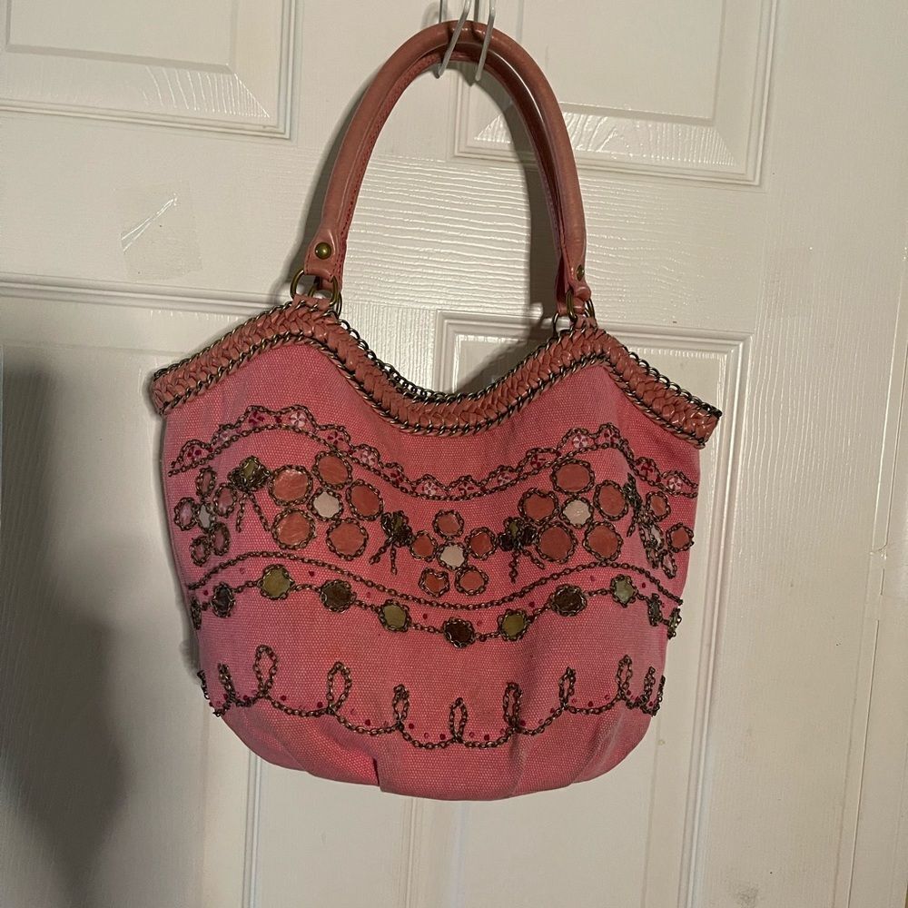 Ipa-Nima pink canvas Jeweled Embellished Satchel leather straps